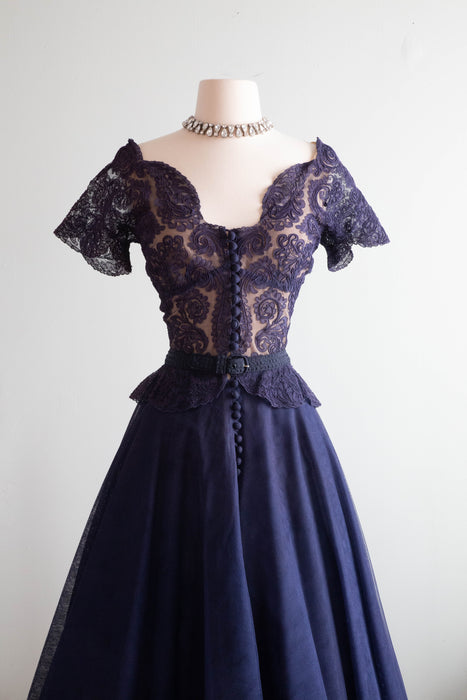 Rare Early 1950's New Look Pauline Trigere Navy Blue Lace Evening Dress / Small