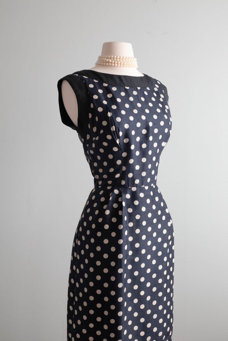 The Perfect 1950's Navy Blue Silk Polka Dot Wiggle Dress / Medium