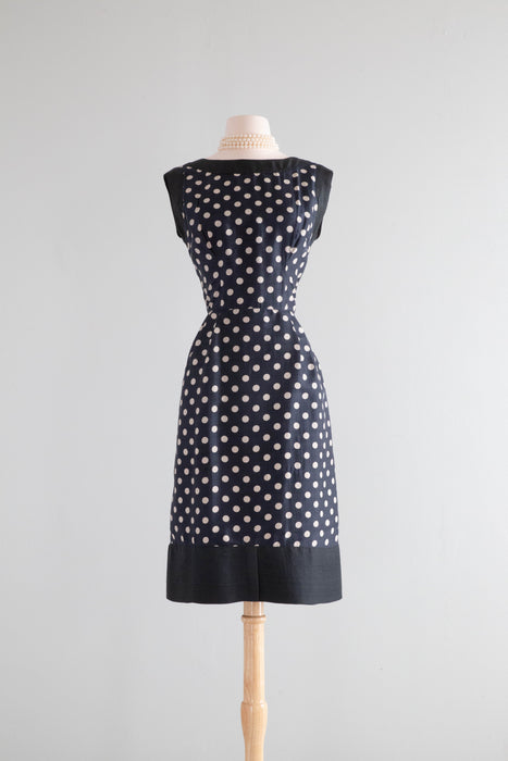 The Perfect 1950's Navy Blue Silk Polka Dot Wiggle Dress / Medium