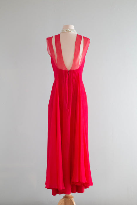 Stunning 1960's Cerise Silk Chiffon Evening Gown By Mignon / SM