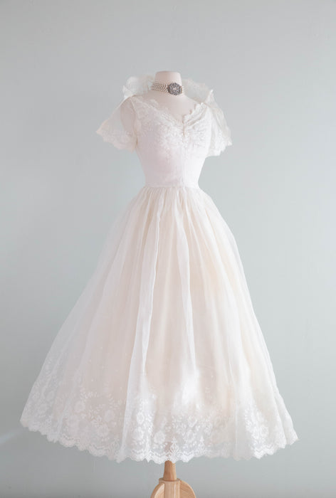 Classic 1950's Embroidered Cotton Organdy Ballet Length Wedding Dress Xtabay Vintage Classic 1950's Embroidered Cotton Organdy Ballet Length Wedding Dress Xtabay Vintage