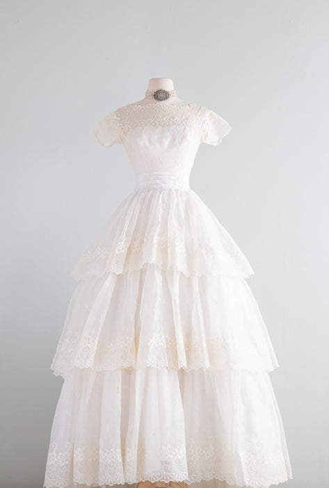 Ethereal 1950's Tiered Ivory Cotton Eyelet Lace Wedding Gown / XS Xtabay Vintage Ethereal 1950's Tiered Ivory Cotton Eyelet Lace Wedding Gown / XS Xtabay Vintage