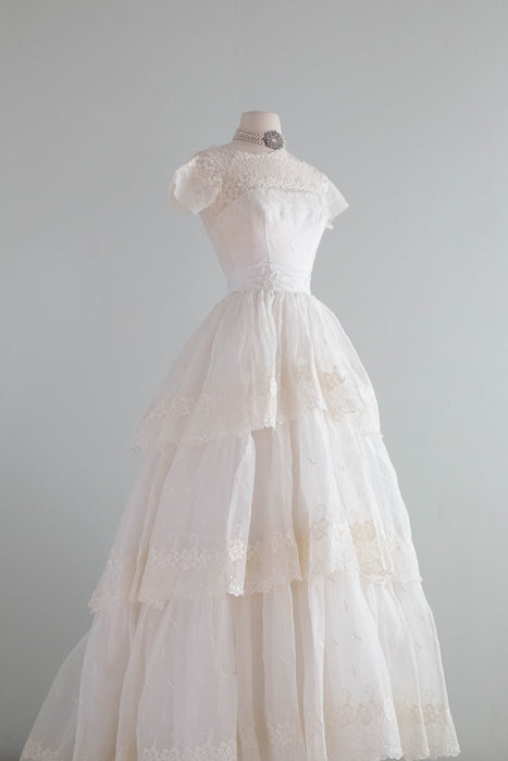 Ethereal 1950's Tiered Ivory Cotton Eyelet Lace Wedding Gown / XS – Xtabay Vintage Ethereal 1950's Tiered Ivory Cotton Eyelet Lace Wedding Gown / XS – Xtabay Vintage