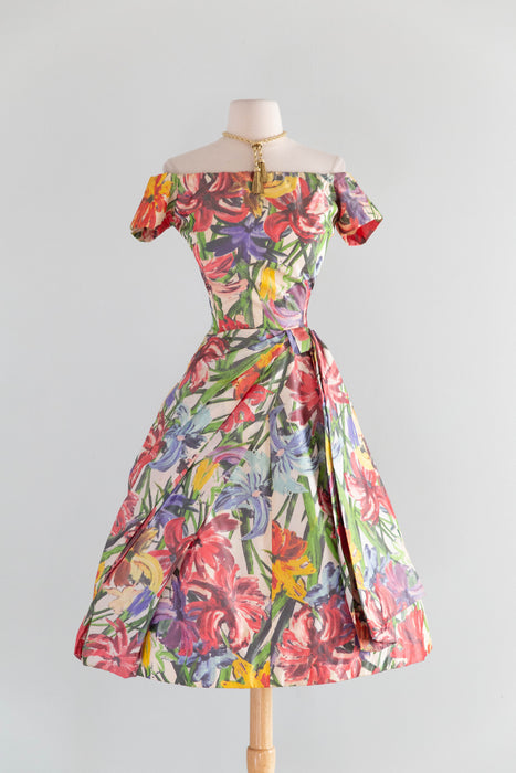 Exquisite 1950's Silk Floral Couture Party Dress From France / S