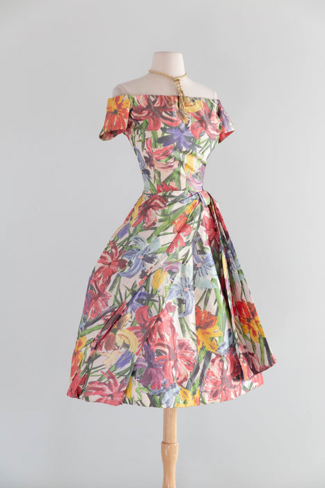 Exquisite 1950's Silk Floral Couture Party Dress From France / S