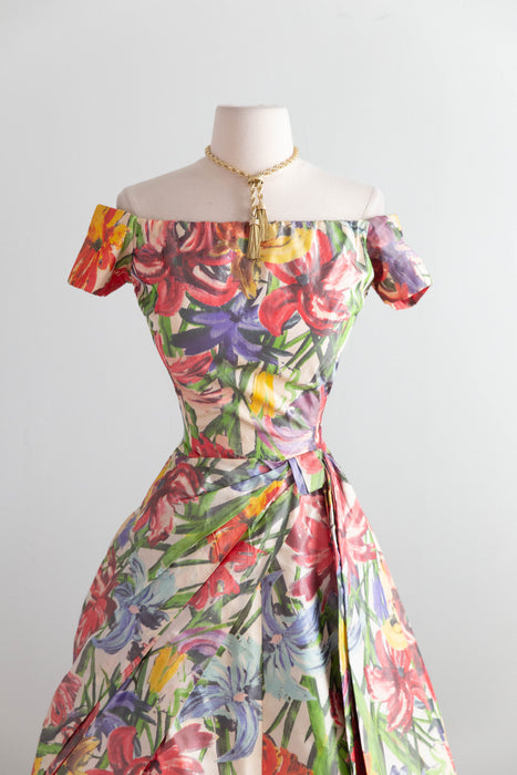 Exquisite 1950's Silk Floral Couture Party Dress From France / S