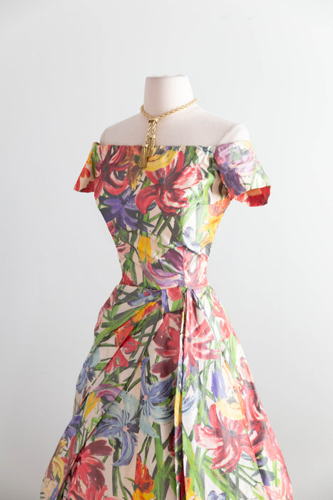 Exquisite 1950's Silk Floral Couture Party Dress From France / S