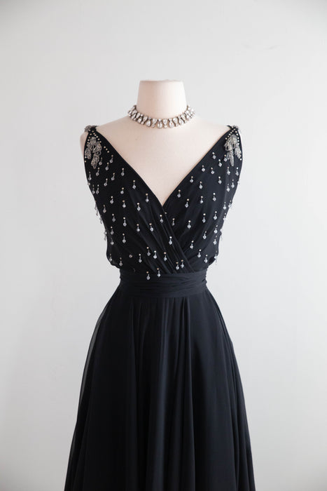 Divine 1950's Black Silk Chiffon Evening Dress With Beaded Bodice / S