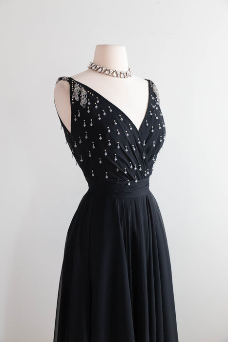 Divine 1950's Black Silk Chiffon Evening Dress With Beaded Bodice / S