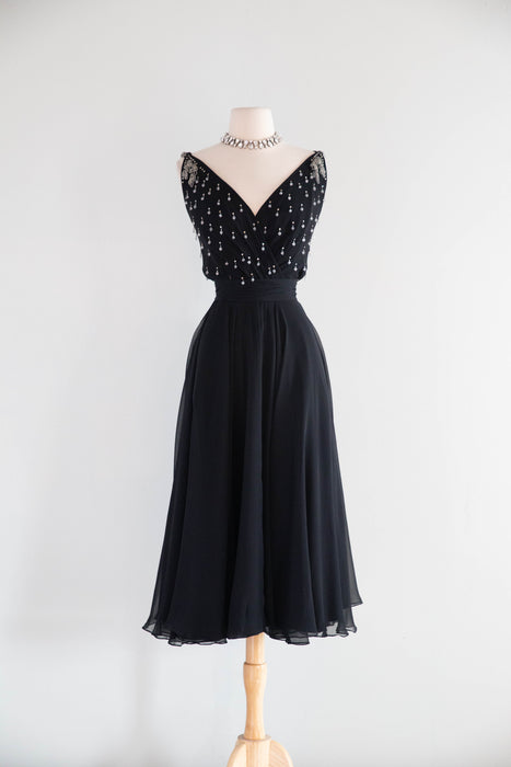 Divine 1950's Black Silk Chiffon Evening Dress With Beaded Bodice / S
