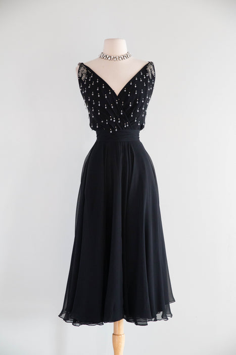 Divine 1950's Black Silk Chiffon Evening Dress With Beaded Bodice / S