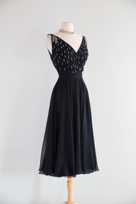 Divine 1950's Black Silk Chiffon Evening Dress With Beaded Bodice / S