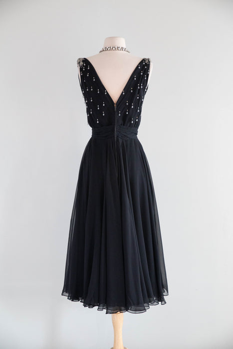 Divine 1950's Black Silk Chiffon Evening Dress With Beaded Bodice / S