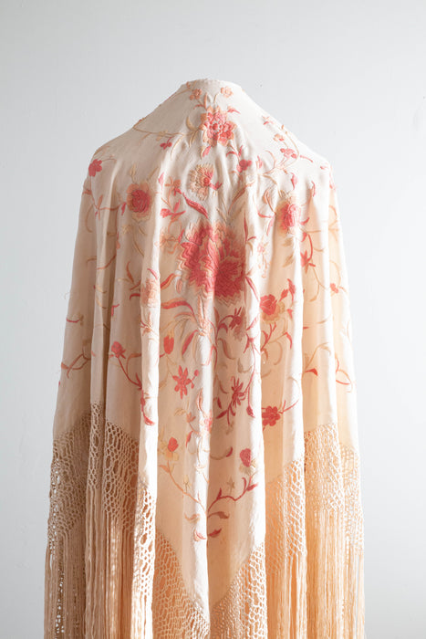 Exquisite Antique Manton Manila Embroidered Silk Piano Shawl In Shades of Coral
