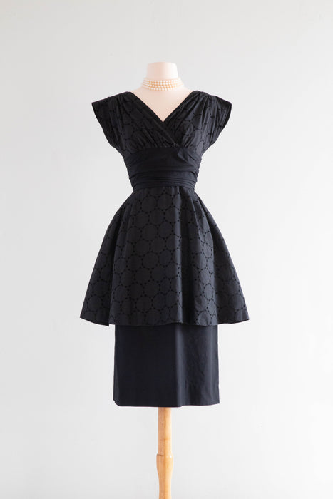 Picture Perfect 1950’s Black Cotton Eyelet Occasion Dress With Peplum / XS