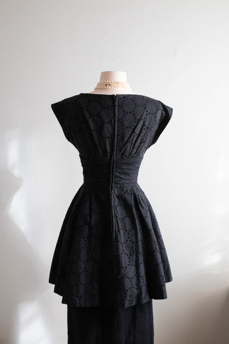 Picture Perfect 1950’s Black Cotton Eyelet Occasion Dress With Peplum / XS