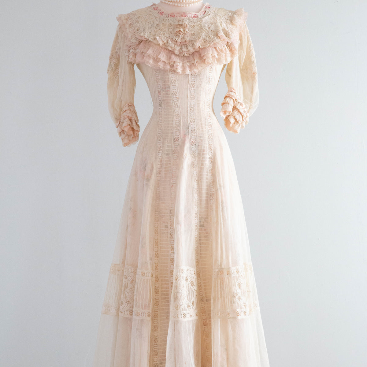 Beautiful 1900's Edwardian Net Lace & Pink Floral Wedding Tea Gown