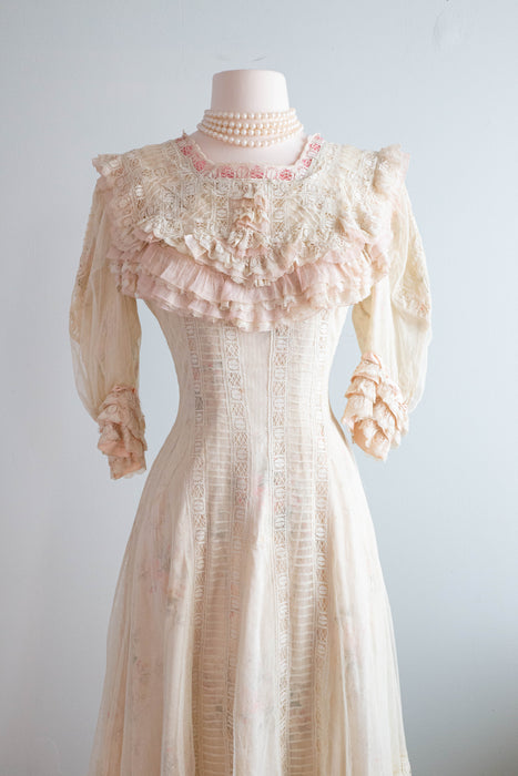 Beautiful 1900's Edwardian Net Lace & Pink Floral Wedding Tea Gown / S Xtabay Vintage Beautiful 1900's Edwardian Net Lace & Pink Floral Wedding Tea Gown / S Xtabay Vintage