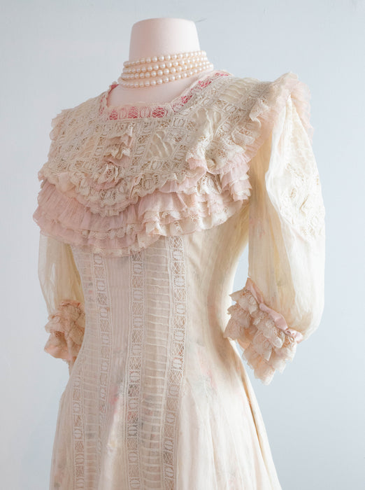 Beautiful 1900's Edwardian Net Lace & Pink Floral Wedding Tea Gown / Small