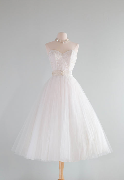 *Earth Angel* 1950's Crystal Pleated Tulle Wedding Dress With Sweetheart Lace Bodice / Small