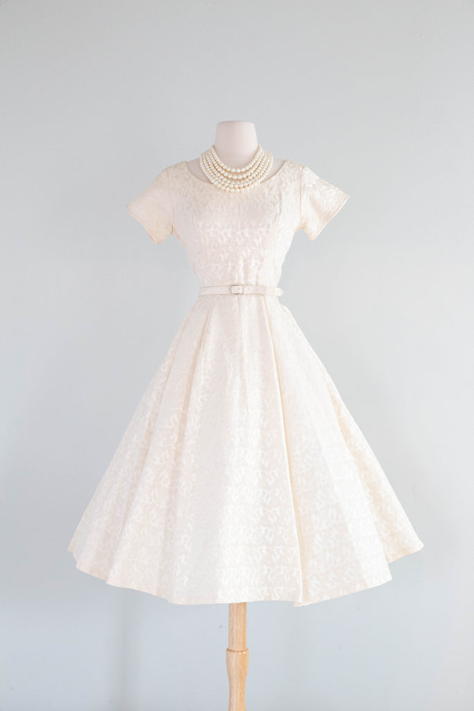 Classic 1950's Fit and Flare Ivory Brocade Tea Length Wedding Dress / – Xtabay Vintage Classic 1950's Fit and Flare Ivory Brocade Tea Length Wedding Dress / – Xtabay Vintage