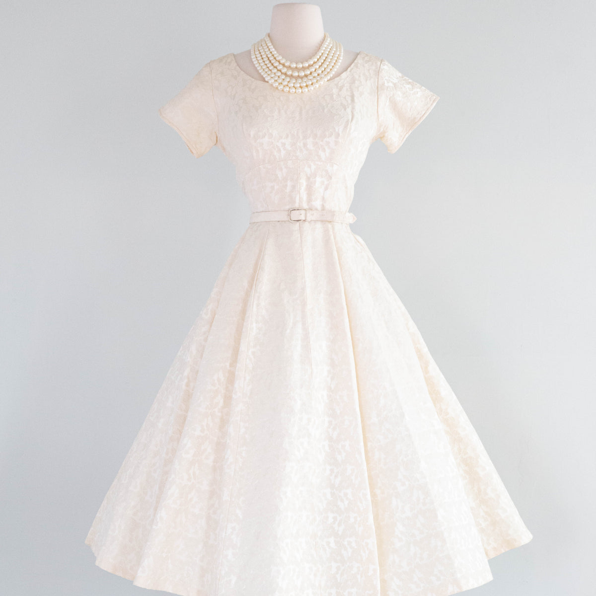 Classic 1950's Fit and Flare Ivory Brocade Tea Length Wedding Dress / – Xtabay Vintage