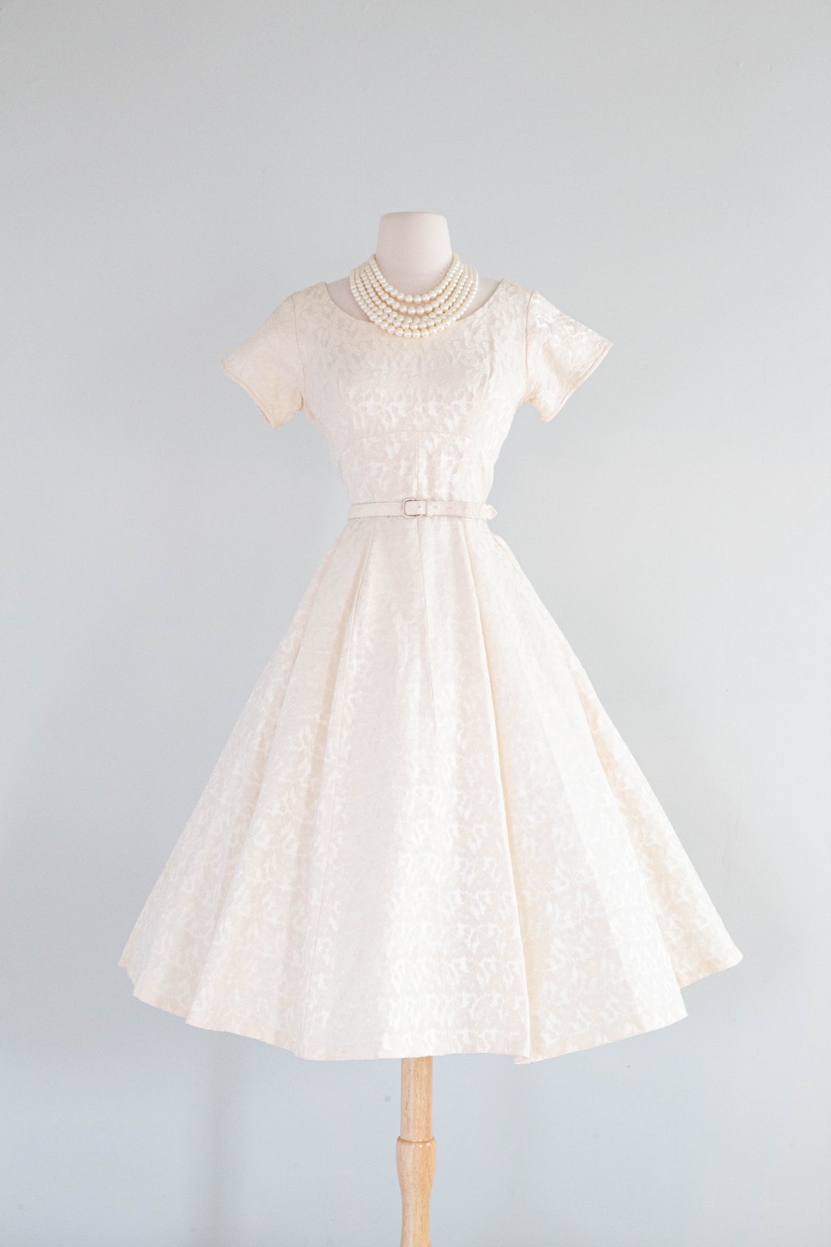 Classic 1950's Fit and Flare Ivory Brocade Tea Length Wedding Dress / – Xtabay Vintage
