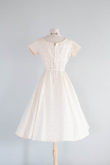 Classic 1950's Fit and Flare Ivory Brocade Tea Length Wedding Dress / Xtabay Vintage Classic 1950's Fit and Flare Ivory Brocade Tea Length Wedding Dress / Xtabay Vintage