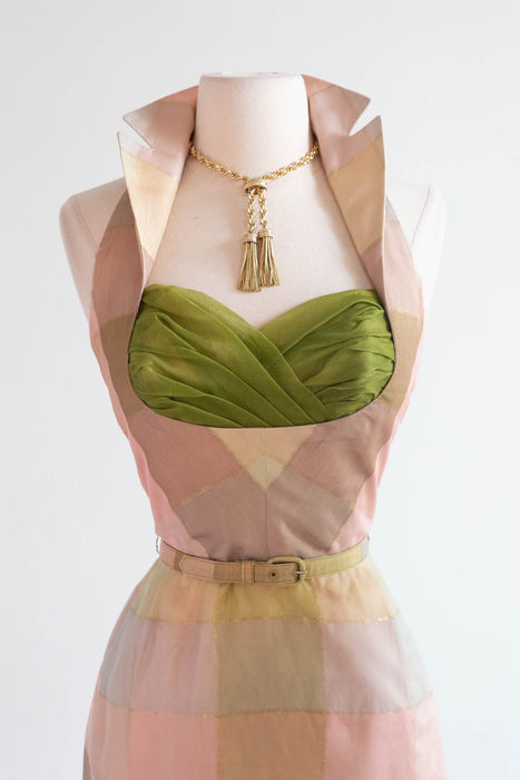 Fabulous 1950's Pastel Plaid Silk Halter Dress By Beaumelle / Sm