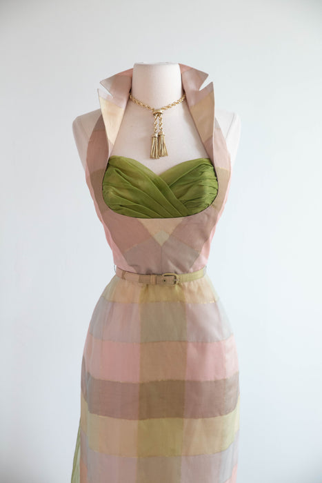 Fabulous 1950's Pastel Plaid Silk Halter Dress By Beaumelle / Sm