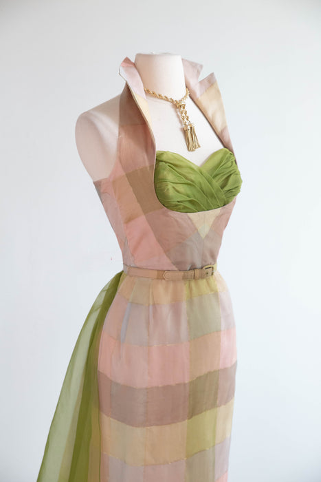 Fabulous 1950's Pastel Plaid Silk Halter Dress By Beaumelle / Sm
