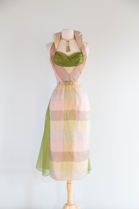 Fabulous 1950's Pastel Plaid Silk Halter Dress By Beaumelle / Sm