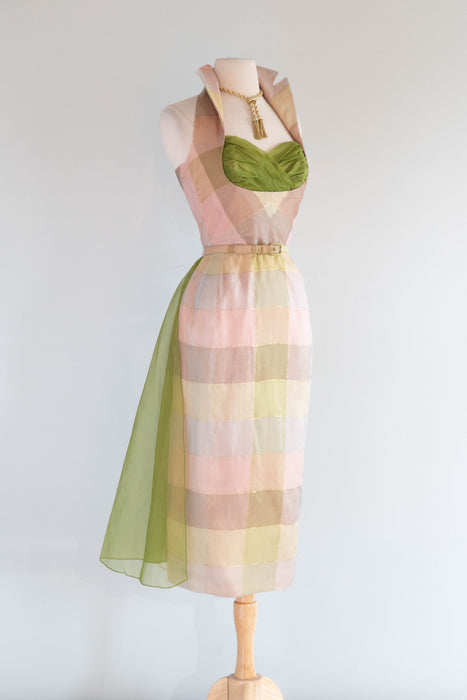 Fabulous 1950's Pastel Plaid Silk Halter Dress By Beaumelle / Sm