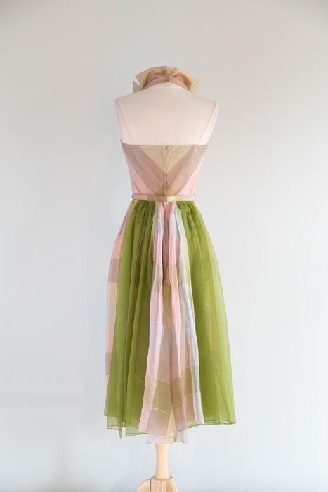 Fabulous 1950's Pastel Plaid Silk Halter Dress By Beaumelle / Sm