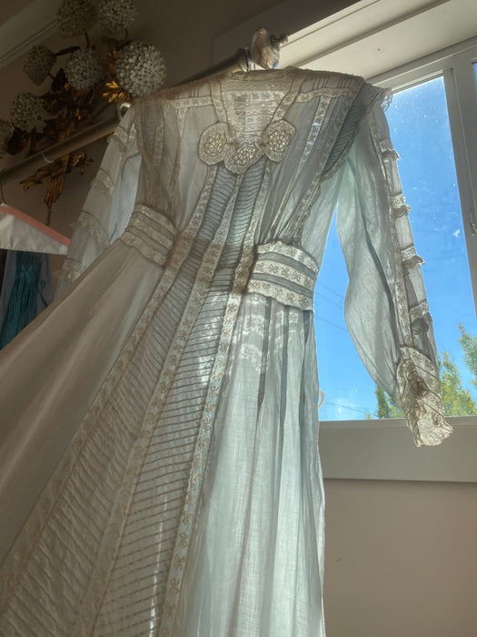 Ethereal Edwardian Cotton Lawn Gown in Pale Blue With Lace Insets  / XS