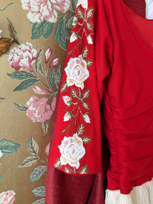 1950's American Beauty Rose Embroidered Party Dress By Claudia Young / Small