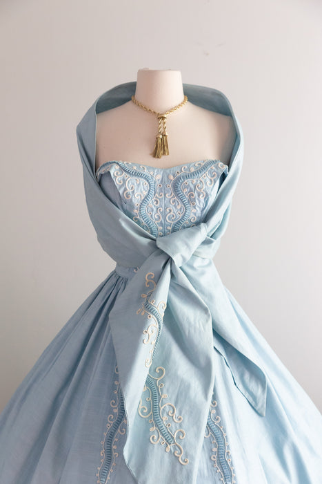 Stunning 1950s Carlye Ice-Blue Embroidered Party Dress with Shawl / S