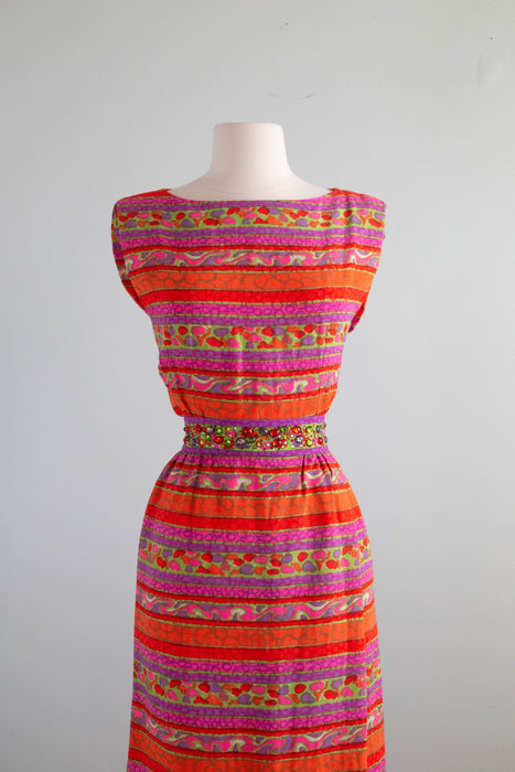 Fabulous 1960's Abe Schrader Psychedelic Rhinestone Dress / Small