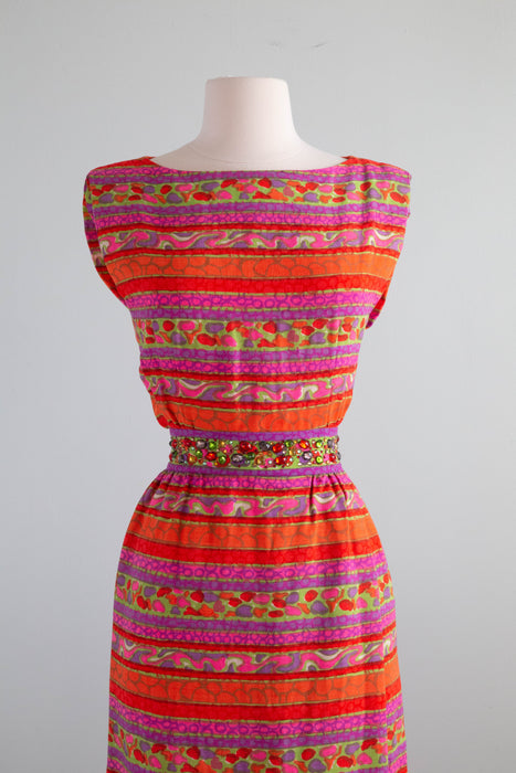 Fabulous 1960's Abe Schrader Psychedelic Rhinestone Dress / Small