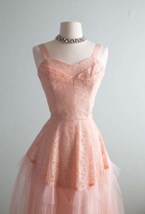 Romantic Ballet Slipper Pink Tulle & Lace Party Dress From The 1950's / Small