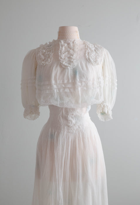Ethereal Edwardian Touch of Blue English Net Wedding Gown / XS