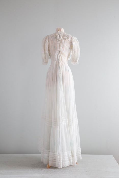 Ethereal Edwardian Touch of Blue English Net Wedding Gown / XS