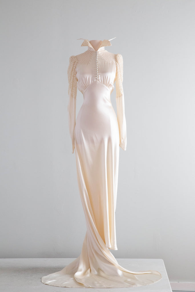 Gleaming 1930's Satin Bias Cut Lace Wedding Gown With Lace Sleeves and Xtabay Vintage Gleaming 1930's Satin Bias Cut Lace Wedding Gown With Lace Sleeves and Xtabay Vintage