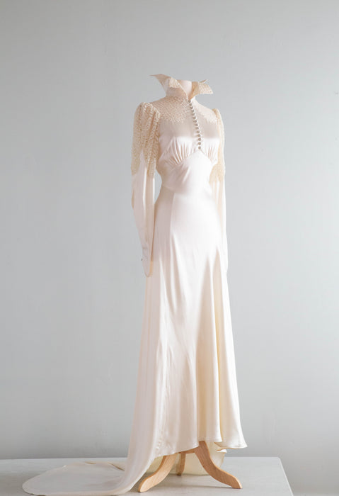 Gleaming 1930's Satin Bias Cut Lace Wedding Gown With Lace Sleeves and Xtabay Vintage Gleaming 1930's Satin Bias Cut Lace Wedding Gown With Lace Sleeves and Xtabay Vintage