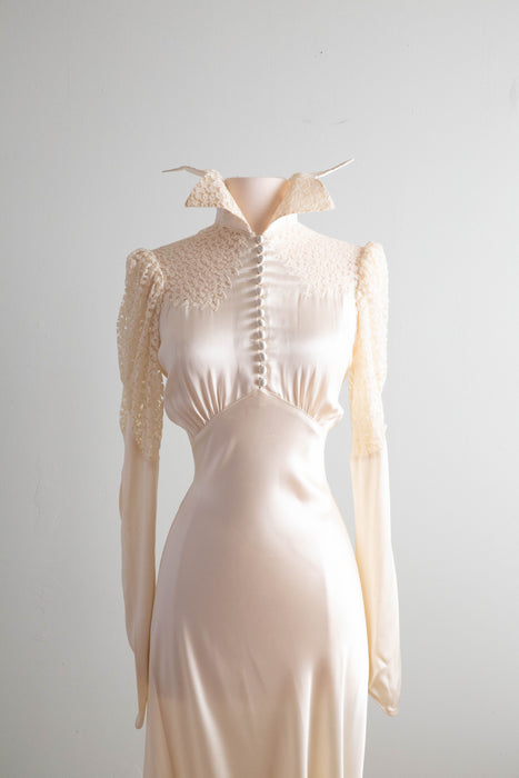 Gleaming 1930's Satin Bias Cut Lace Wedding Gown With Lace Sleeves and – Xtabay Vintage Gleaming 1930's Satin Bias Cut Lace Wedding Gown With Lace Sleeves and – Xtabay Vintage