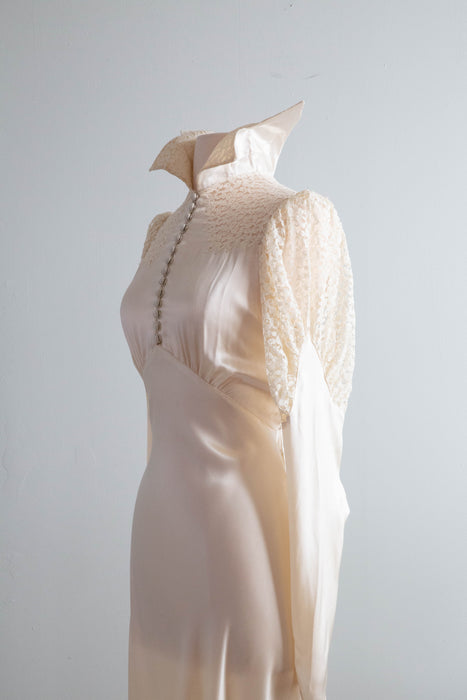 Gleaming 1930's Satin Bias Cut Lace Wedding Gown With Lace Sleeves and Collar / Medium
