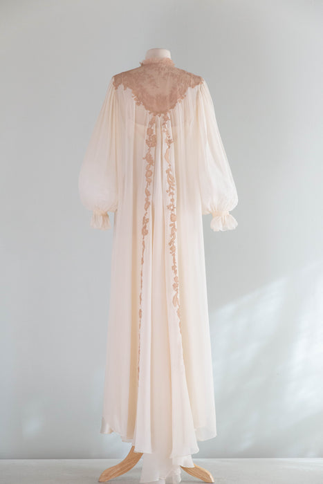 Rare Circa 1950 Juel Park Ivory Silk Chiffon Peignoir With French Lace Insets & Train / SM