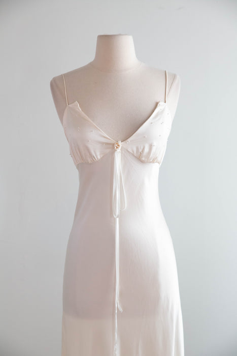 Beautiful Vintage Ivory Silk Bias Cut Slip Dress With Tiny Pearls / SM