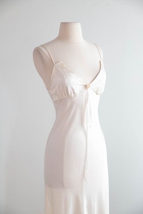 Beautiful Vintage Ivory Silk Bias Cut Slip Dress With Tiny Pearls / SM
