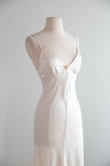Beautiful Vintage Ivory Silk Bias Cut Slip Dress With Tiny Pearls / SM